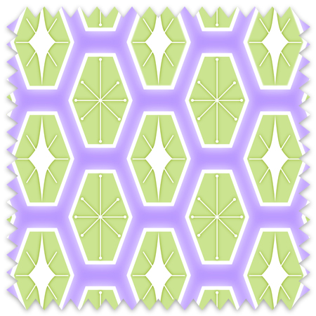 The artwork consists of a repeating geometric pattern featuring hexagonal shapes filled with two different designs. One design inside the hexagons includes a symmetrical starburst or asterisk-like figure with lines radiating from a central point, each line ending in a small circle. The other design features a white diamond shape with extended pointed ends within the teal hexagon. These hexagons are outlined with a white border and set against a soft purple background creating a vibrant, retro aesthetic. The use of purple, white, and chartreuse colors, along with the symmetrical arrangement, gives the pattern a mid-century modern, playful style.
